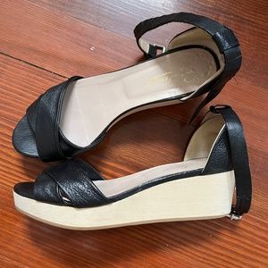 Lenora Black Leather Platform Wedge Sandals